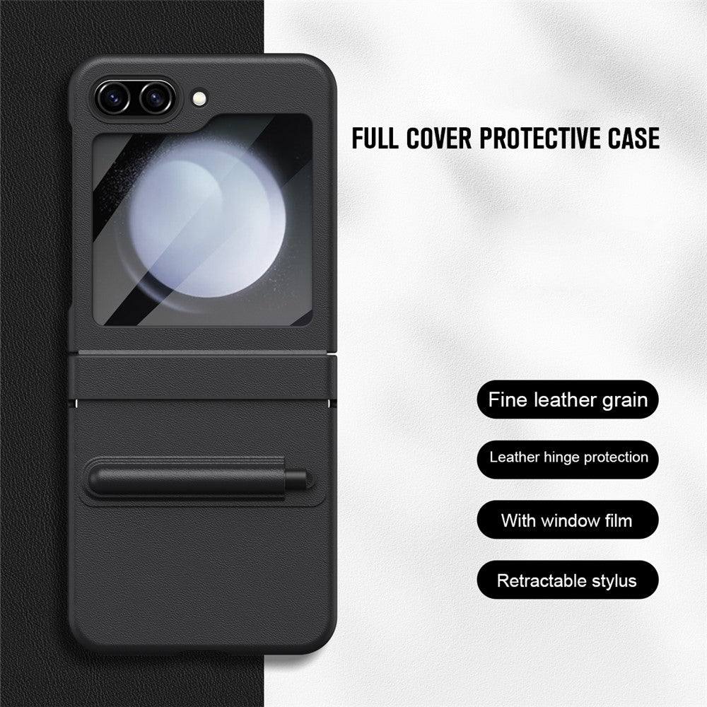 For Samsung Galaxy Z Flip7 FE 5G  /  Flip6 5G Hinge PU Leather PC Phone Cover with Stylus  /  Tempered Glass Film - Black