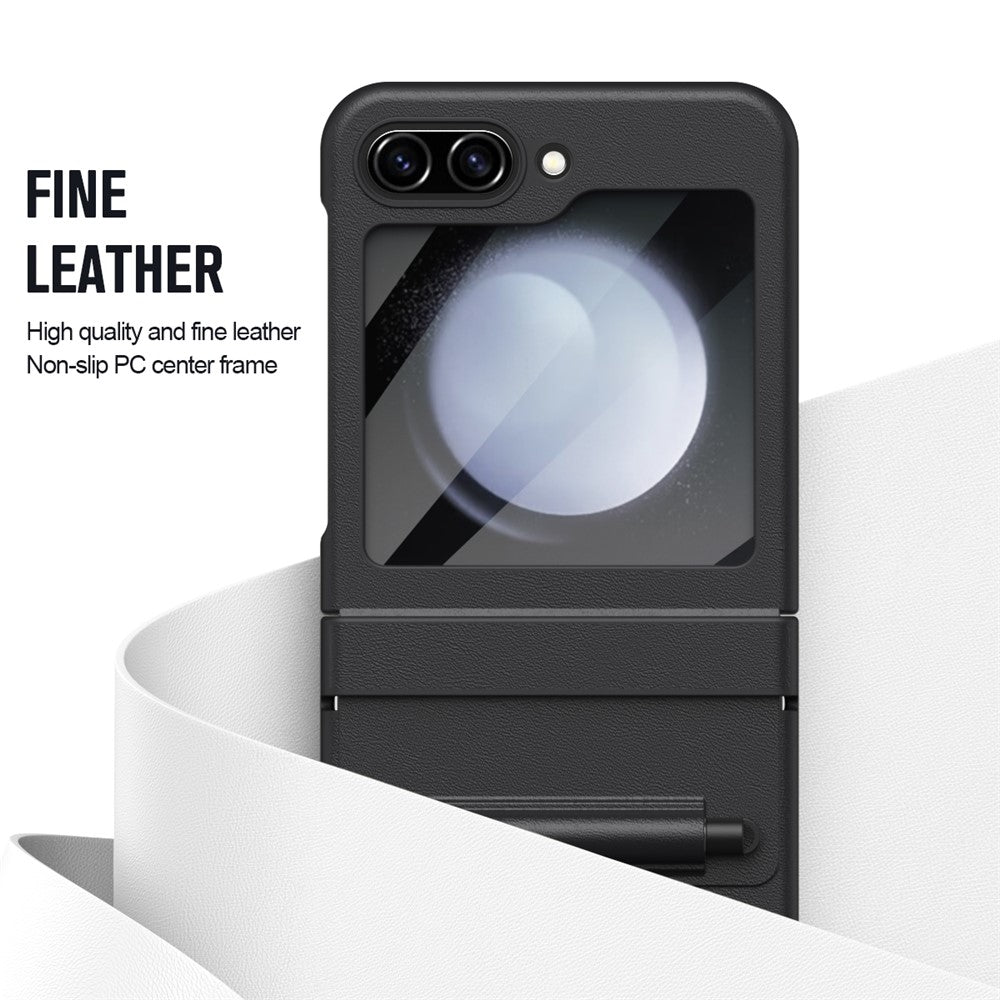 For Samsung Galaxy Z Flip7 FE 5G  /  Flip6 5G Hinge PU Leather PC Phone Cover with Stylus  /  Tempered Glass Film - Black