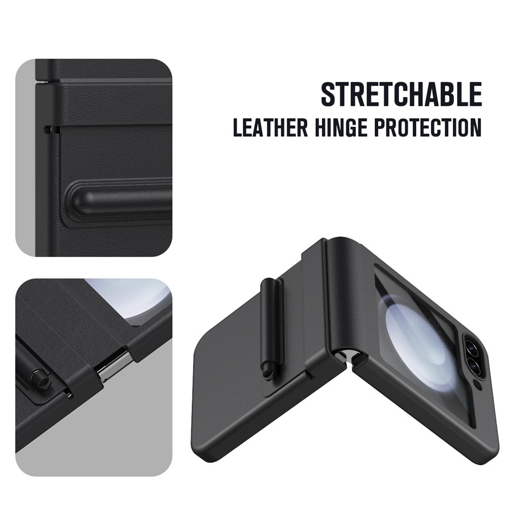 For Samsung Galaxy Z Flip7 FE 5G  /  Flip6 5G Hinge PU Leather PC Phone Cover with Stylus  /  Tempered Glass Film - Black
