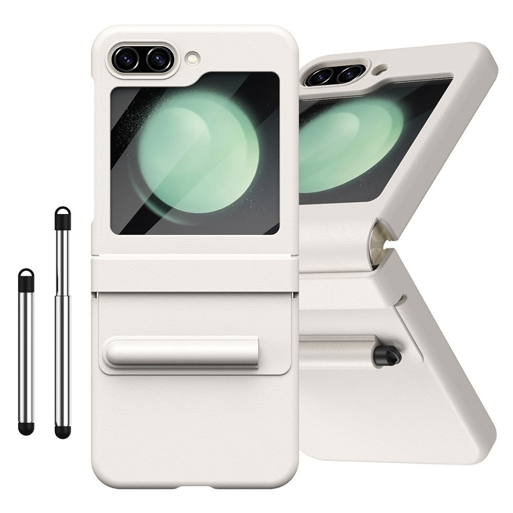 For Samsung Galaxy Z Flip7 FE 5G  /  Flip6 5G Hinge PU Leather PC Phone Cover with Stylus  /  Tempered Glass Film - White