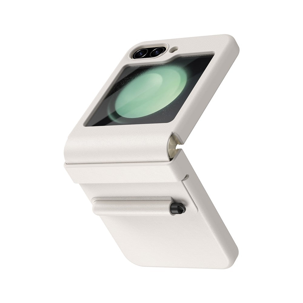 For Samsung Galaxy Z Flip7 FE 5G  /  Flip6 5G Hinge PU Leather PC Phone Cover with Stylus  /  Tempered Glass Film - White