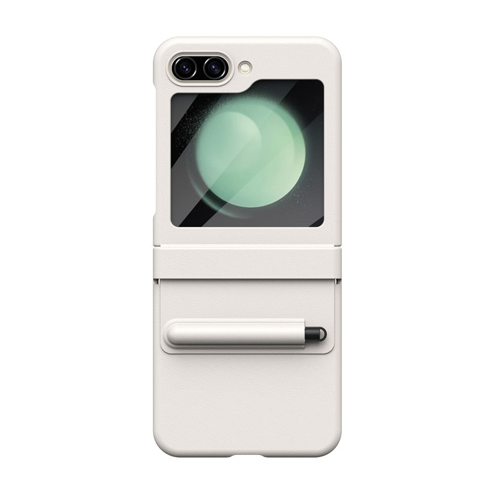 For Samsung Galaxy Z Flip7 FE 5G  /  Flip6 5G Hinge PU Leather PC Phone Cover with Stylus  /  Tempered Glass Film - White