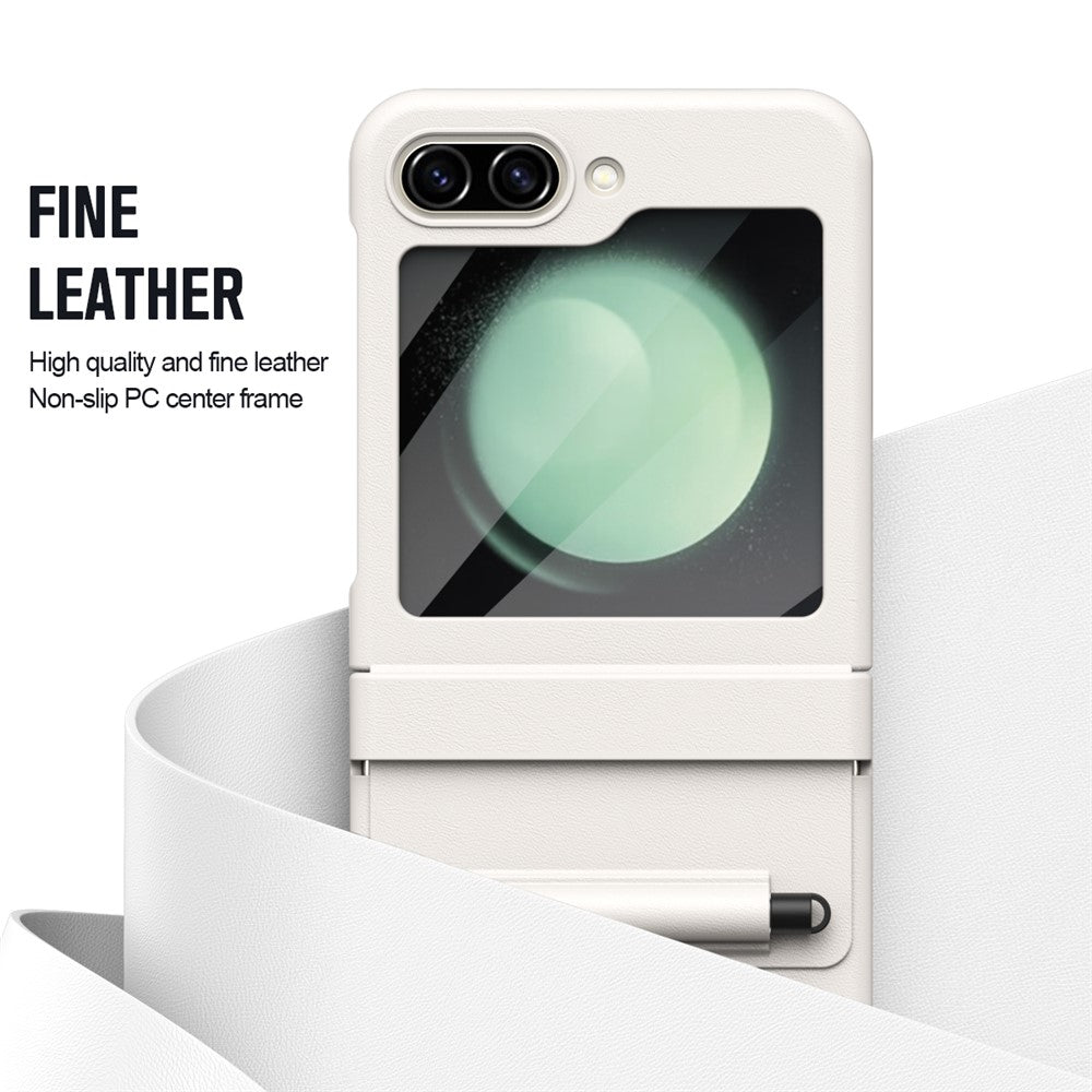 For Samsung Galaxy Z Flip7 FE 5G  /  Flip6 5G Hinge PU Leather PC Phone Cover with Stylus  /  Tempered Glass Film - White