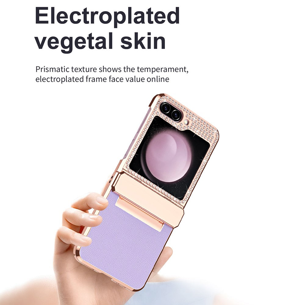 For Samsung Galaxy Z Flip7 FE 5G  /  Flip6 5G Case Rhinestone Decoration Electroplating PU Leather + PC Phone Cover - Purple