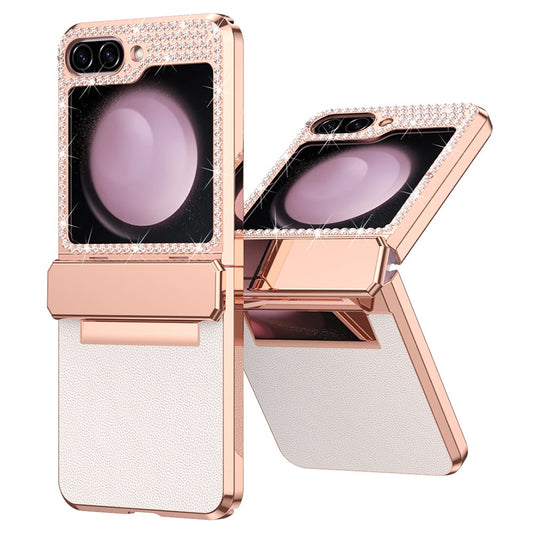 For Samsung Galaxy Z Flip7 FE 5G  /  Flip6 5G Case Rhinestone Decoration Electroplating PU Leather + PC Phone Cover - White