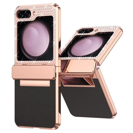 For Samsung Galaxy Z Flip7 FE 5G  /  Flip6 5G Case Rhinestone Decoration Electroplating PU Leather + PC Phone Cover - Black