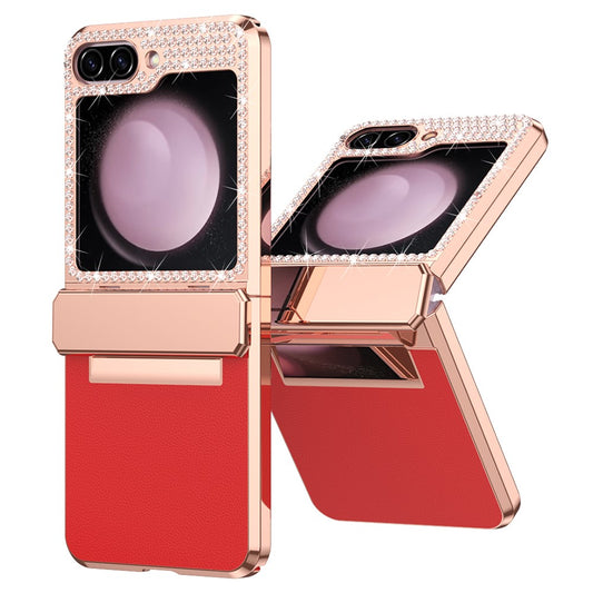 For Samsung Galaxy Z Flip7 FE 5G  /  Flip6 5G Case Rhinestone Decoration Electroplating PU Leather + PC Phone Cover - Red