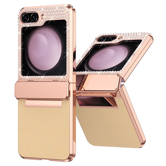 For Samsung Galaxy Z Flip7 FE 5G  /  Flip6 5G Case Rhinestone Decoration Electroplating PU Leather + PC Phone Cover - Gold