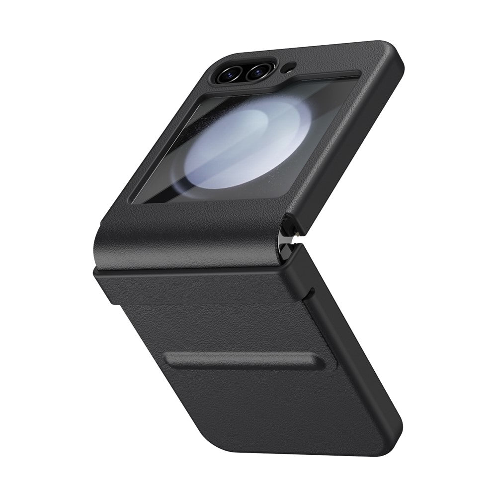 For Samsung Galaxy Z Flip7 FE 5G  /  Flip6 5G Case Hinge Leather + PC Phone Cover with Tempered Glass Film - Black