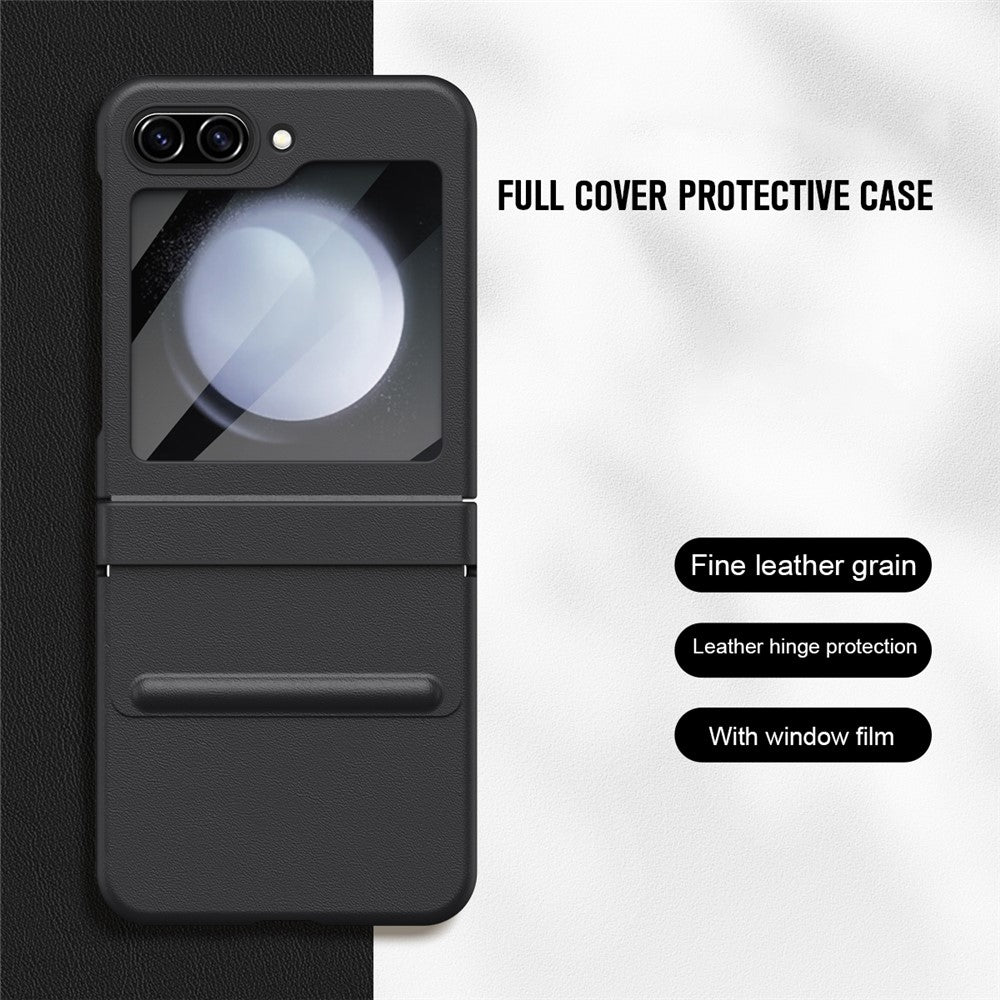 For Samsung Galaxy Z Flip7 FE 5G  /  Flip6 5G Case Hinge Leather + PC Phone Cover with Tempered Glass Film - Black