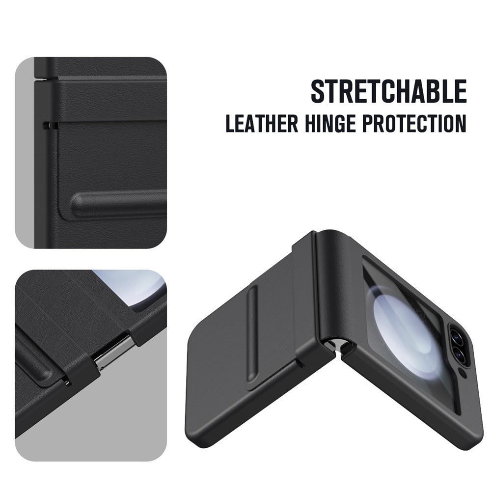 For Samsung Galaxy Z Flip7 FE 5G  /  Flip6 5G Case Hinge Leather + PC Phone Cover with Tempered Glass Film - Black