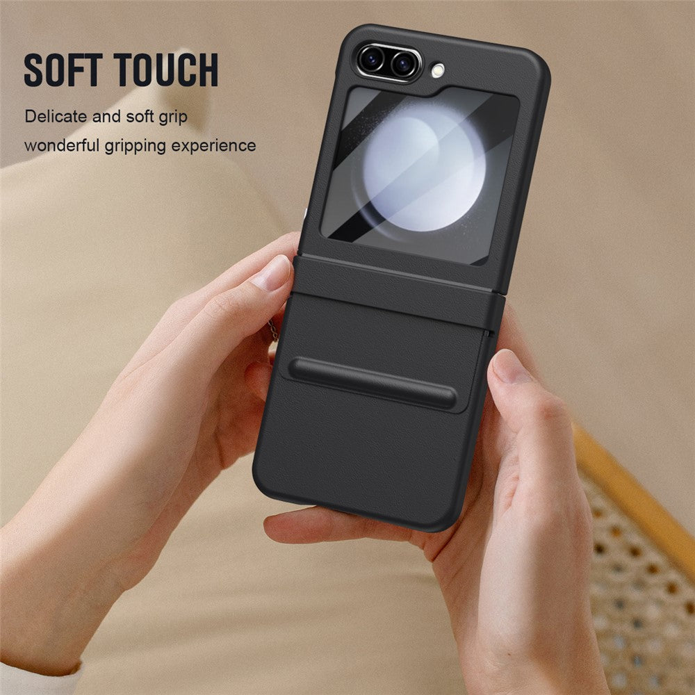 For Samsung Galaxy Z Flip7 FE 5G  /  Flip6 5G Case Hinge Leather + PC Phone Cover with Tempered Glass Film - Black