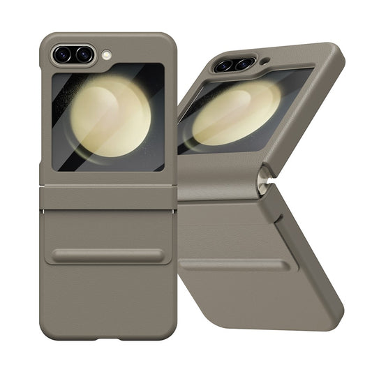 For Samsung Galaxy Z Flip7 FE 5G  /  Flip6 5G Case Hinge Leather + PC Phone Cover with Tempered Glass Film - Light Coffee