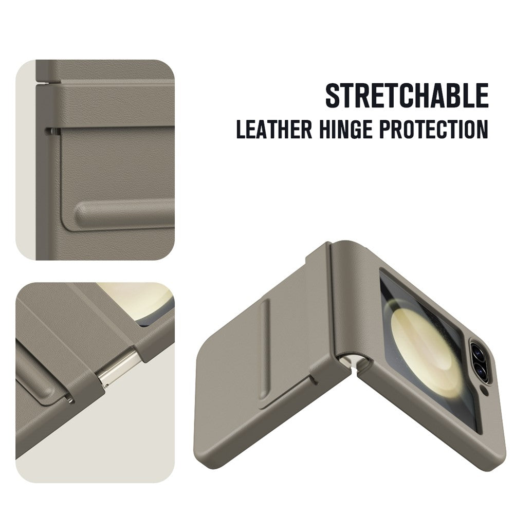 For Samsung Galaxy Z Flip7 FE 5G  /  Flip6 5G Case Hinge Leather + PC Phone Cover with Tempered Glass Film - Light Coffee