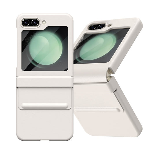 For Samsung Galaxy Z Flip7 FE 5G  /  Flip6 5G Case Hinge Leather + PC Phone Cover with Tempered Glass Film - White