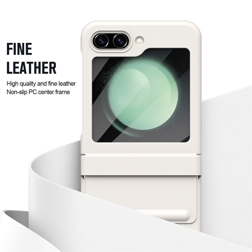 For Samsung Galaxy Z Flip7 FE 5G  /  Flip6 5G Case Hinge Leather + PC Phone Cover with Tempered Glass Film - White