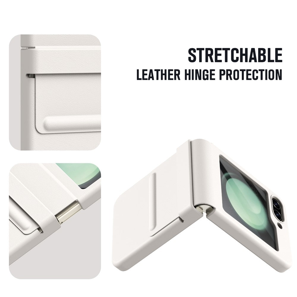 For Samsung Galaxy Z Flip7 FE 5G  /  Flip6 5G Case Hinge Leather + PC Phone Cover with Tempered Glass Film - White
