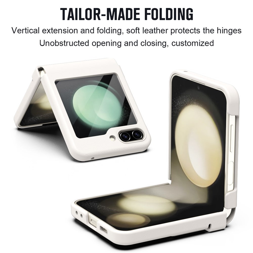 For Samsung Galaxy Z Flip7 FE 5G  /  Flip6 5G Case Hinge Leather + PC Phone Cover with Tempered Glass Film - White
