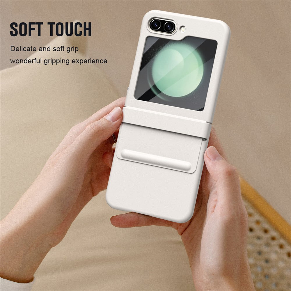 For Samsung Galaxy Z Flip7 FE 5G  /  Flip6 5G Case Hinge Leather + PC Phone Cover with Tempered Glass Film - White