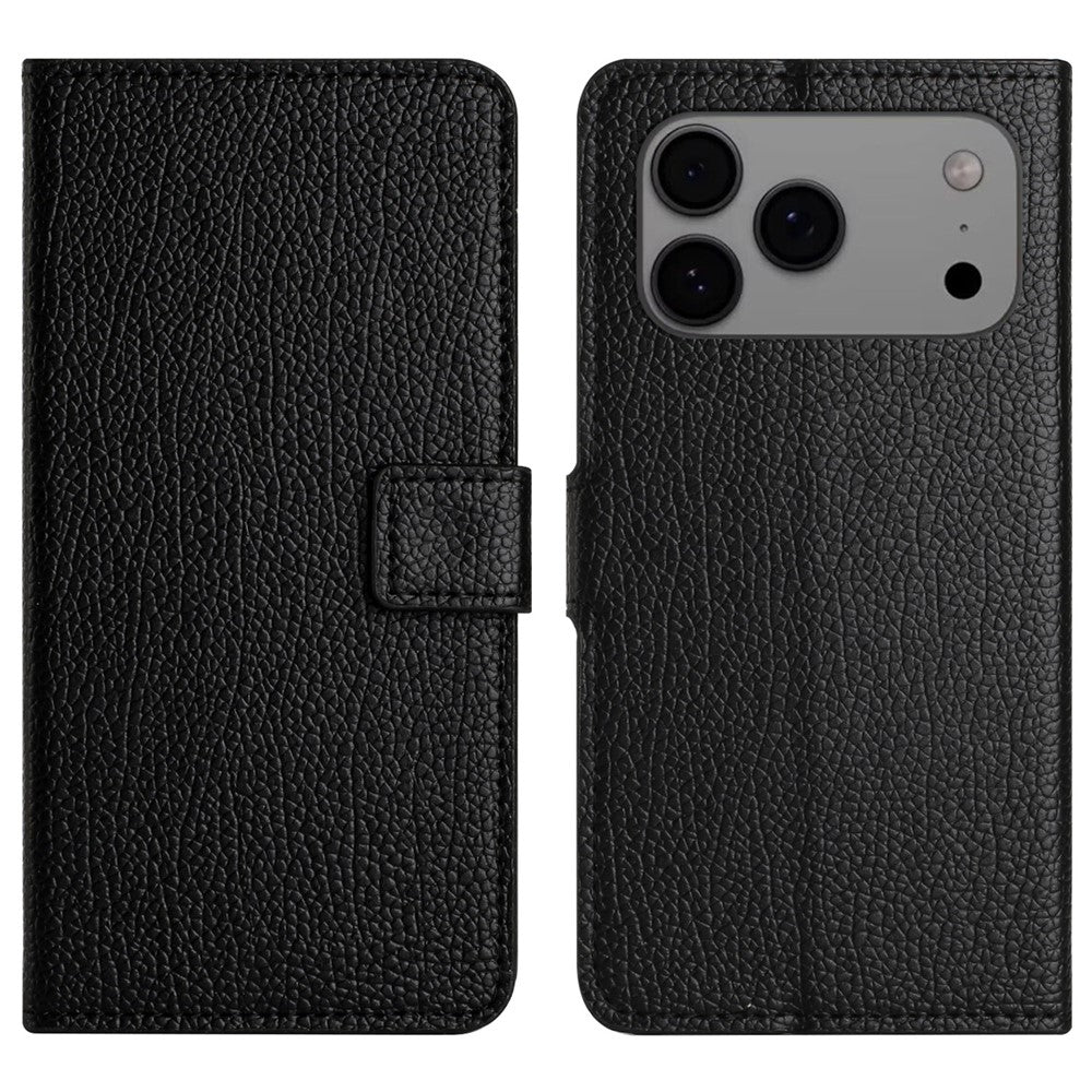 For iPhone 17 Pro Max Case PU Leather Wallet Phone Cover Litchi Texture, Black