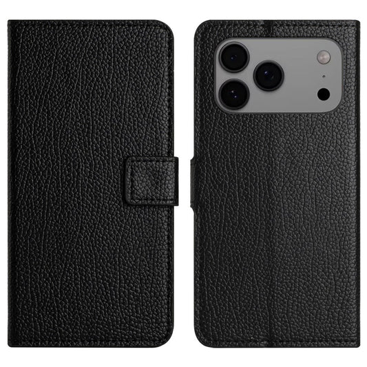 For iPhone 17 Pro Max Case PU Leather Wallet Phone Cover Litchi Texture, Black