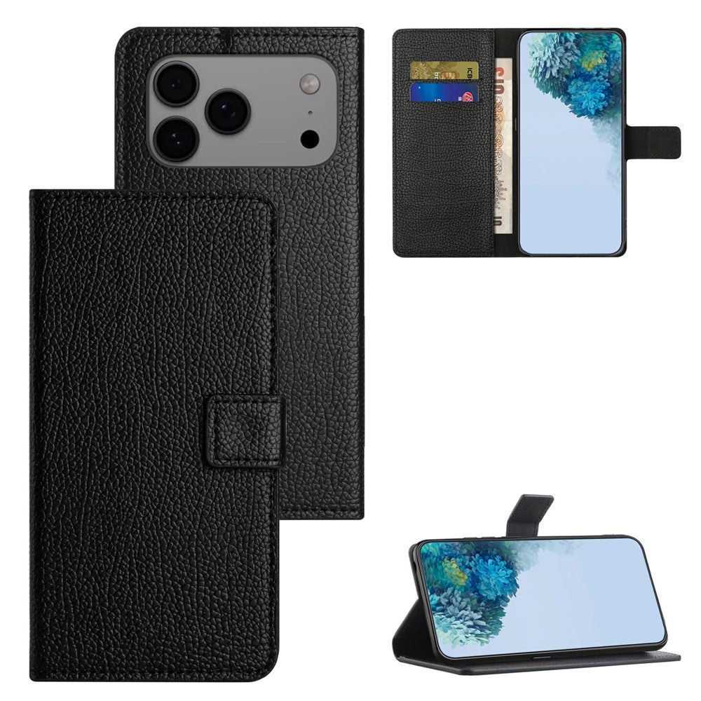 For iPhone 17 Pro Max Case PU Leather Wallet Phone Cover Litchi Texture, Black