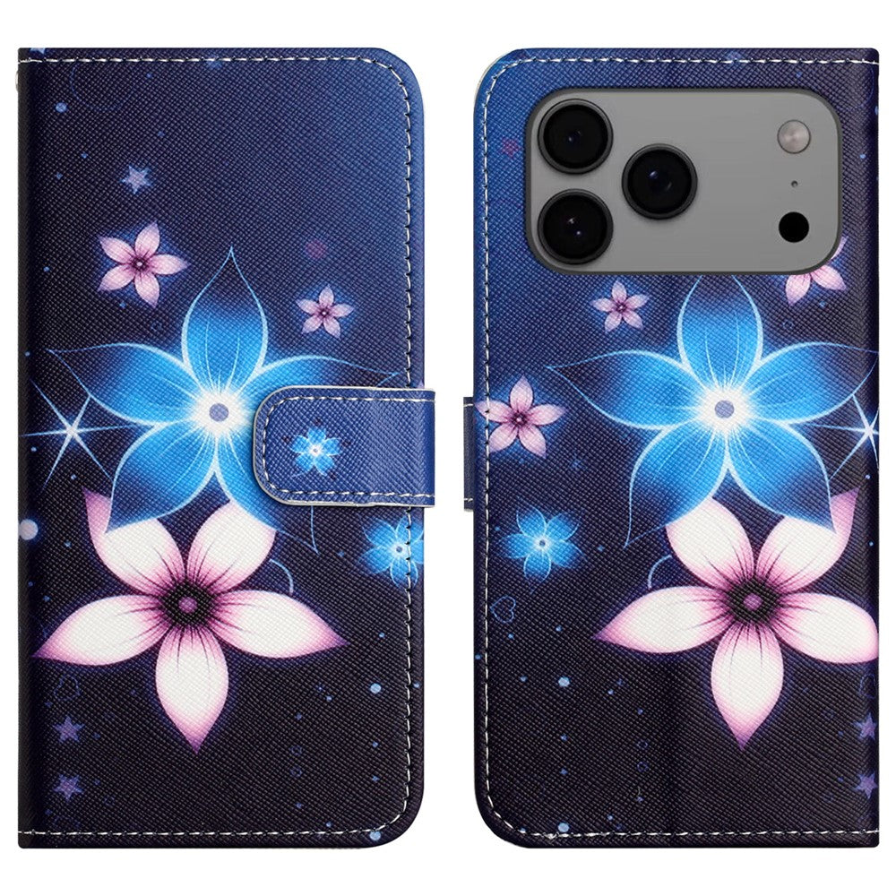 For iPhone 17 Pro Max Case Pattern Print PU Leather Wallet Phone Cover Cross Texture - Blue Flower