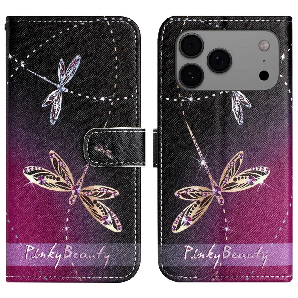 For iPhone 17 Pro Max Case Pattern Print PU Leather Wallet Phone Cover Cross Texture - Dragonfly