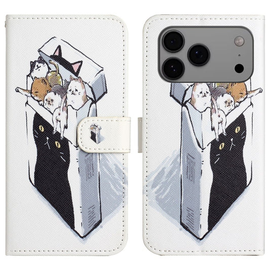 For iPhone 17 Pro Max Case Pattern Print PU Leather Wallet Phone Cover Cross Texture - Cats