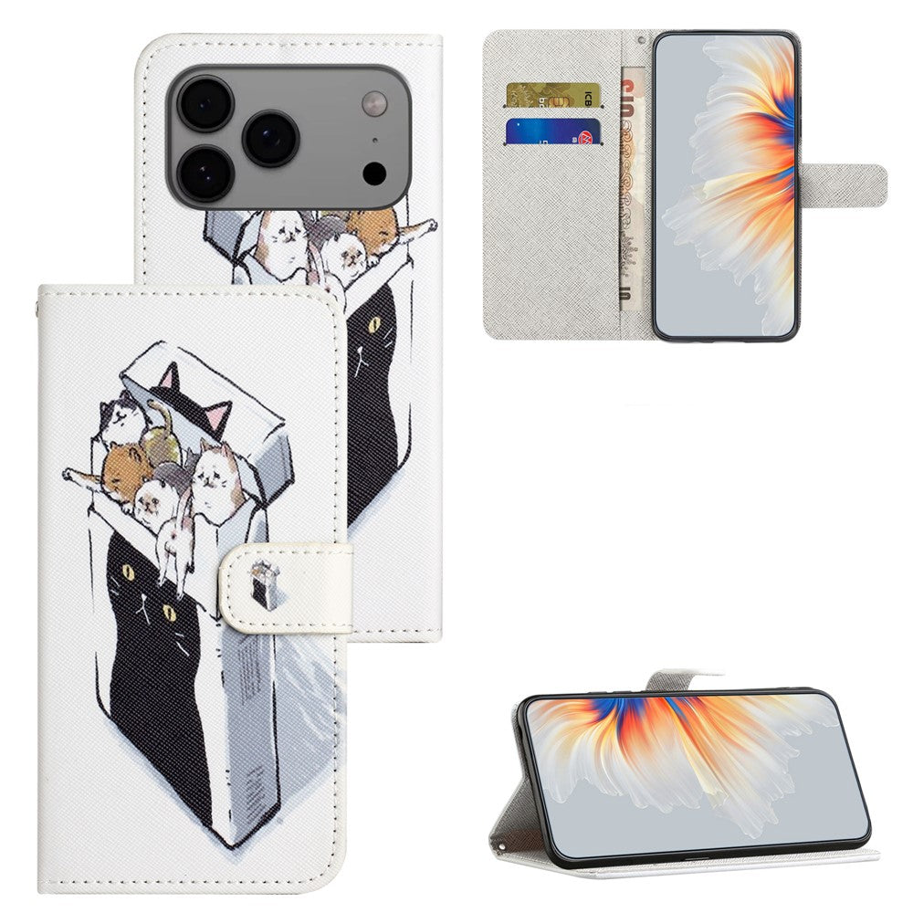 For iPhone 17 Pro Max Case Pattern Print PU Leather Wallet Phone Cover Cross Texture - Cats