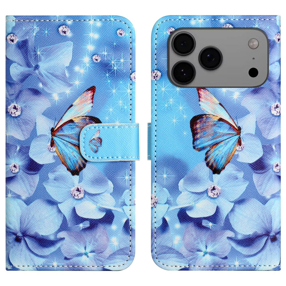 For iPhone 17 Pro Max Case Pattern Print PU Leather Wallet Phone Cover Cross Texture - Flower and Butterfly