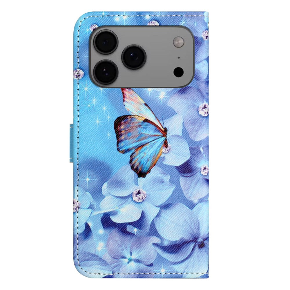 For iPhone 17 Pro Max Case Pattern Print PU Leather Wallet Phone Cover Cross Texture - Flower and Butterfly