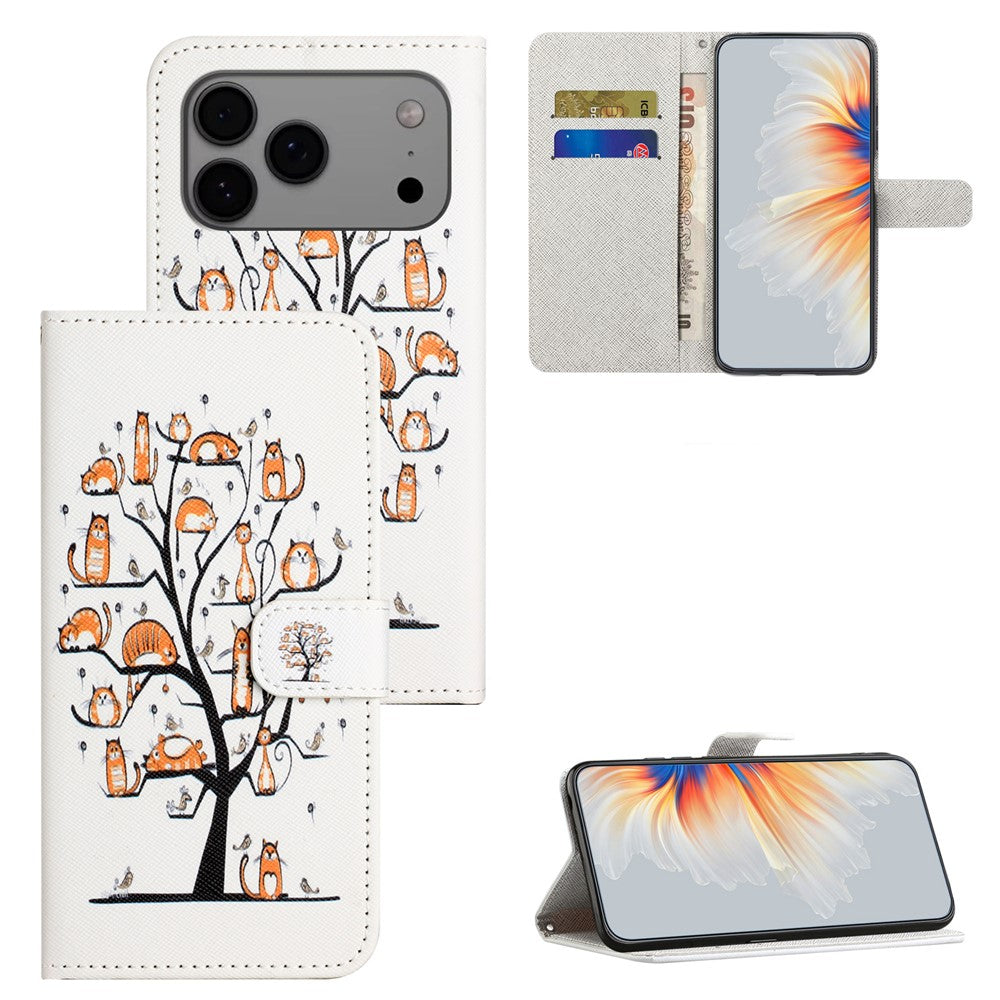 For iPhone 17 Pro Max Case Pattern Print PU Leather Wallet Phone Cover Cross Texture - Cat and Tree