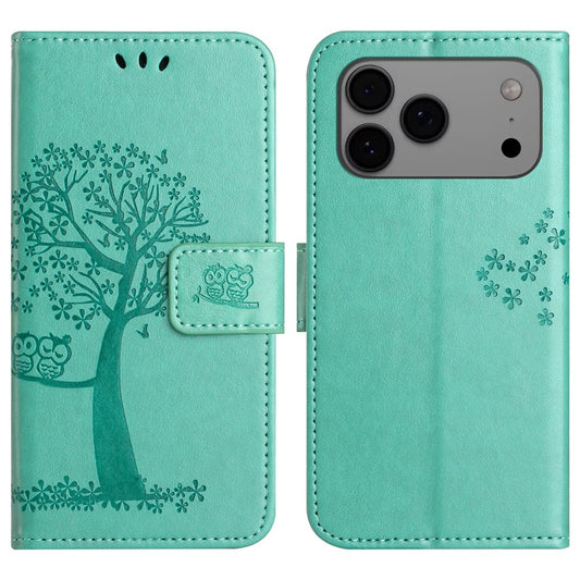 For iPhone 17 Pro Max Case PU Leather Owl Tree Imprinted Wallet Phone Cover with Strap - Cyan