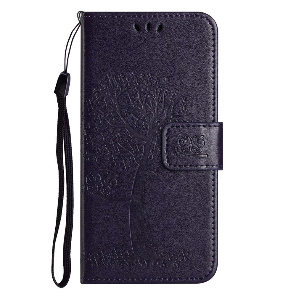 For iPhone 17 Pro Max Case PU Leather Owl Tree Imprinted Wallet Phone Cover with Strap - Dark Blue