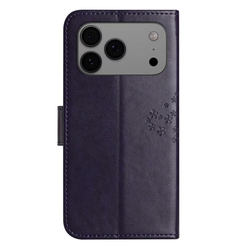 For iPhone 17 Pro Max Case PU Leather Owl Tree Imprinted Wallet Phone Cover with Strap - Dark Blue