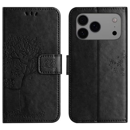 For iPhone 17 Pro Max Case PU Leather Owl Tree Imprinted Wallet Phone Cover with Strap - Black