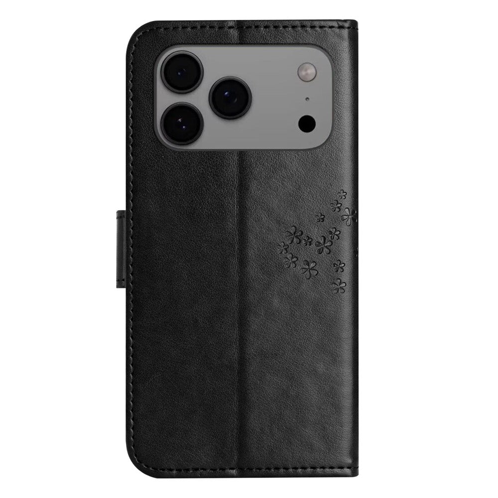For iPhone 17 Pro Max Case PU Leather Owl Tree Imprinted Wallet Phone Cover with Strap - Black