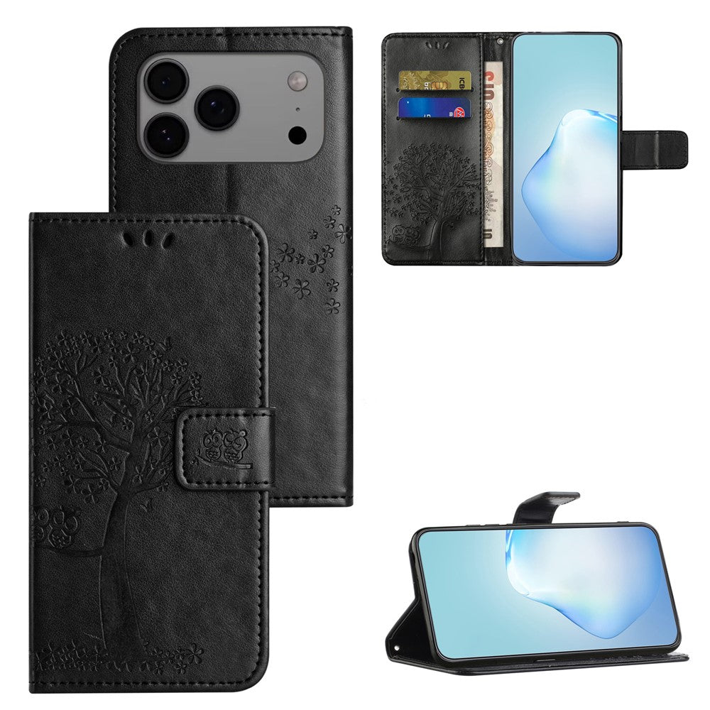 For iPhone 17 Pro Max Case PU Leather Owl Tree Imprinted Wallet Phone Cover with Strap - Black