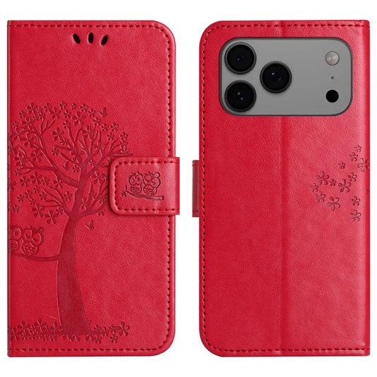 For iPhone 17 Pro Max Case PU Leather Owl Tree Imprinted Wallet Phone Cover with Strap - Red