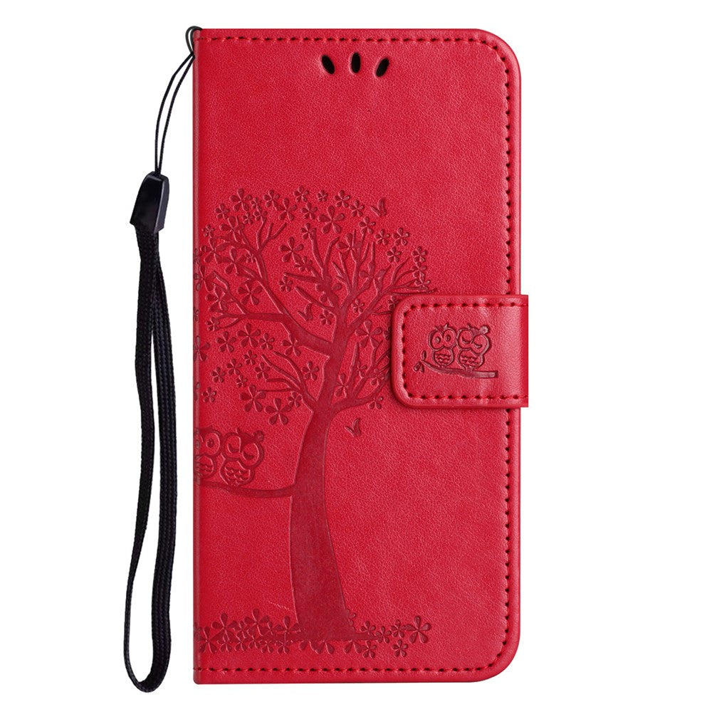 For iPhone 17 Pro Max Case PU Leather Owl Tree Imprinted Wallet Phone Cover with Strap - Red