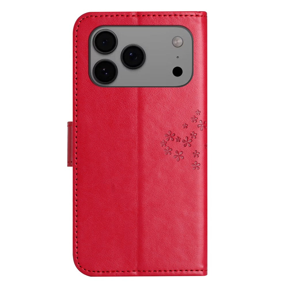 For iPhone 17 Pro Max Case PU Leather Owl Tree Imprinted Wallet Phone Cover with Strap - Red