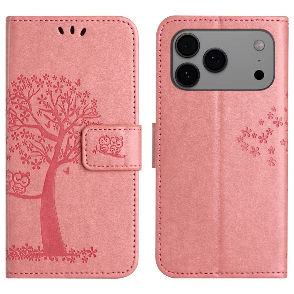 For iPhone 17 Pro Max Case PU Leather Owl Tree Imprinted Wallet Phone Cover with Strap - Pink