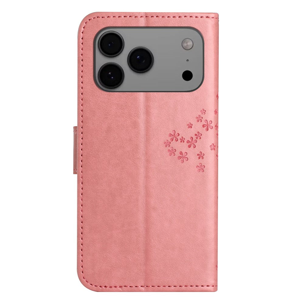 For iPhone 17 Pro Max Case PU Leather Owl Tree Imprinted Wallet Phone Cover with Strap - Pink