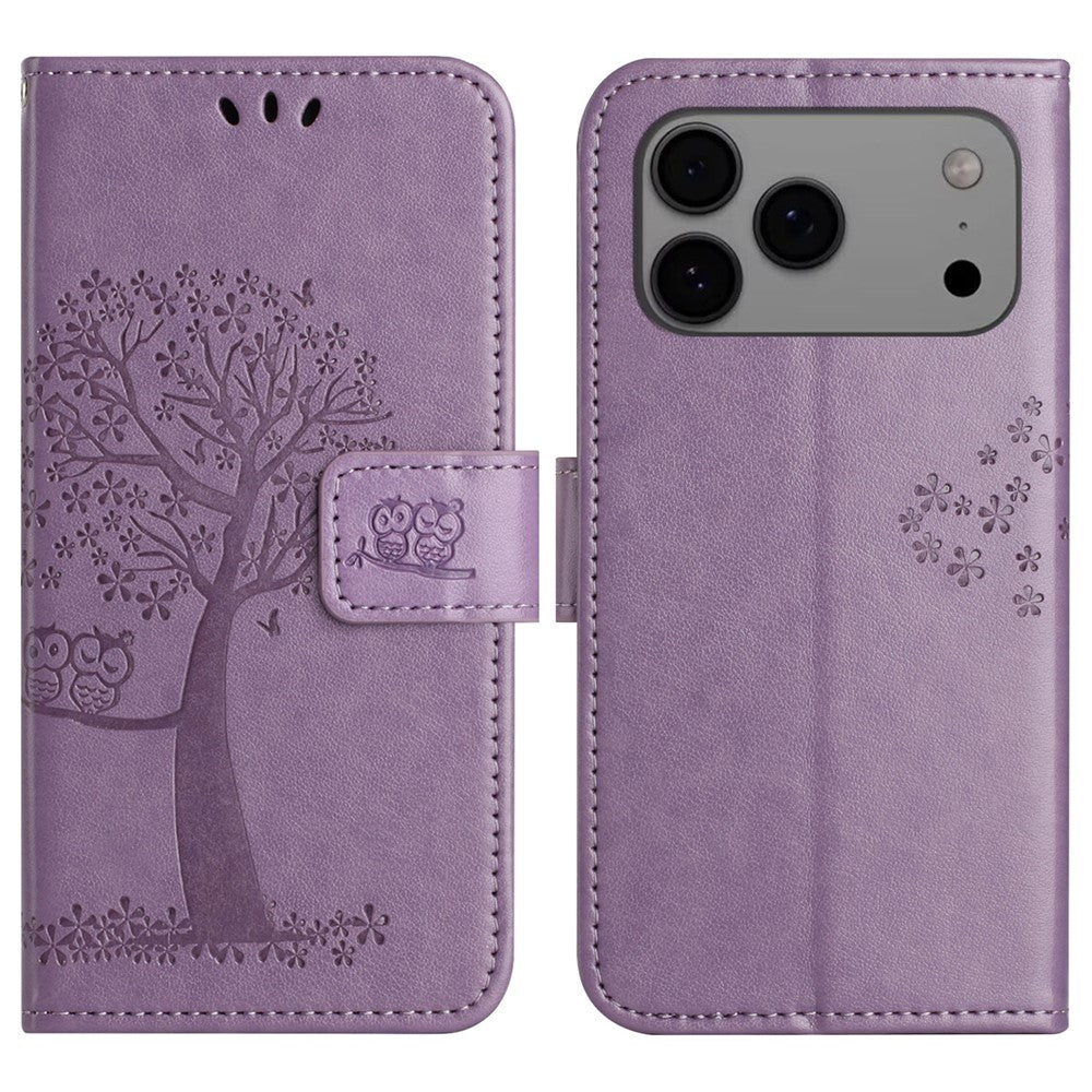 For iPhone 17 Pro Max Case PU Leather Owl Tree Imprinted Wallet Phone Cover with Strap - Purple
