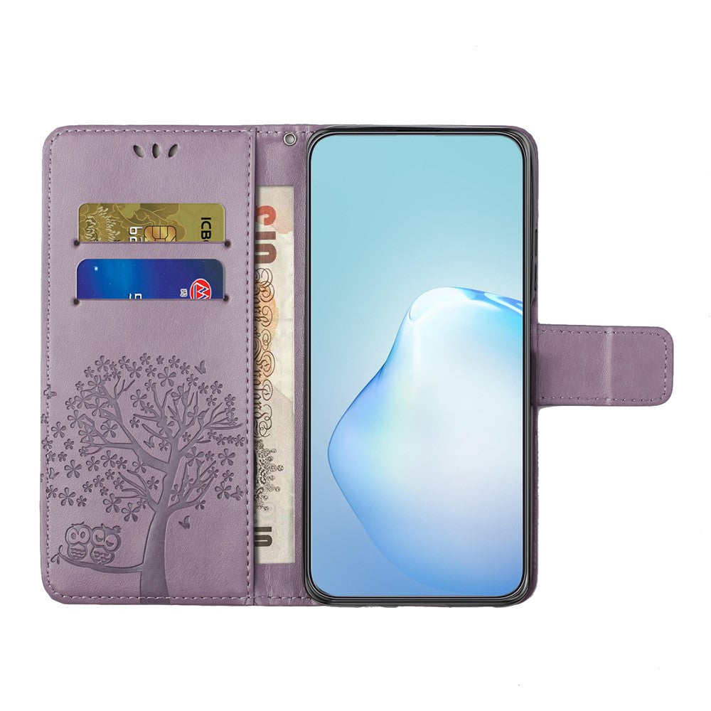 For iPhone 17 Pro Max Case PU Leather Owl Tree Imprinted Wallet Phone Cover with Strap - Purple
