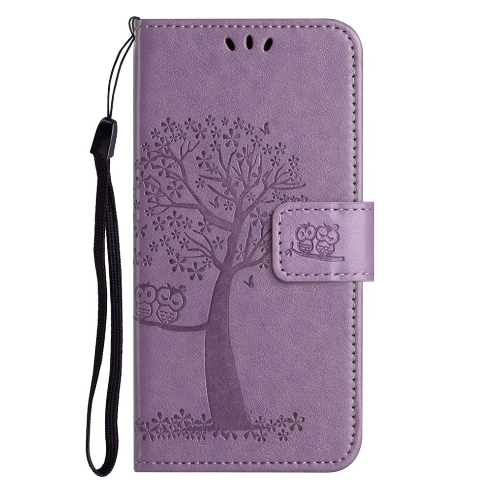 For iPhone 17 Pro Max Case PU Leather Owl Tree Imprinted Wallet Phone Cover with Strap - Purple