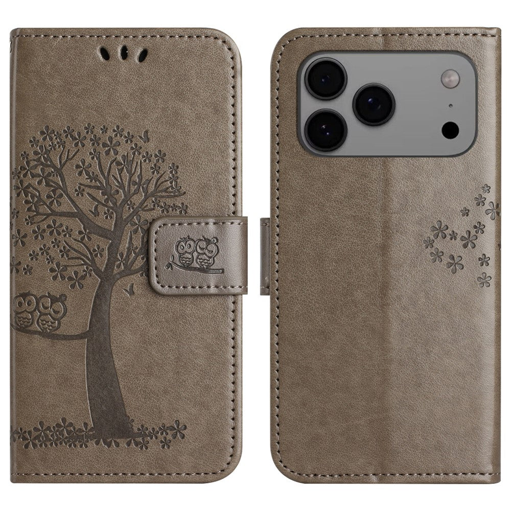 For iPhone 17 Pro Max Case PU Leather Owl Tree Imprinted Wallet Phone Cover with Strap - Grey