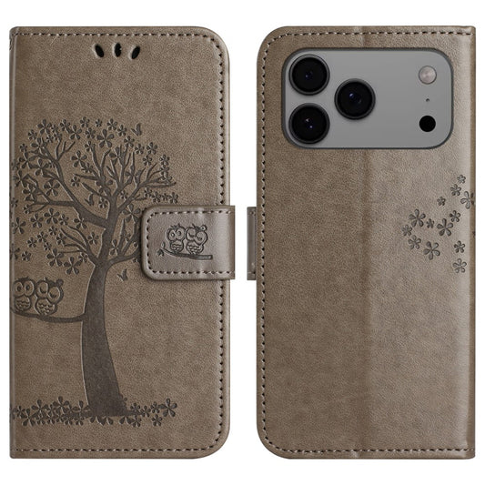 For iPhone 17 Pro Max Case PU Leather Owl Tree Imprinted Wallet Phone Cover with Strap - Grey