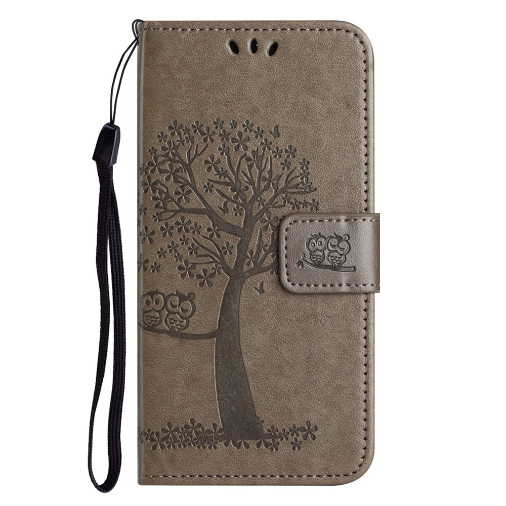 For iPhone 17 Pro Max Case PU Leather Owl Tree Imprinted Wallet Phone Cover with Strap - Grey